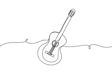 Continuous one line of acoustic guitar in silhouette on a white background. Linear stylized.Minimalist.