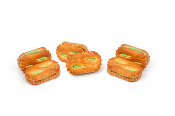 Biscuit with filled cream pandan flavour isolated on white background.