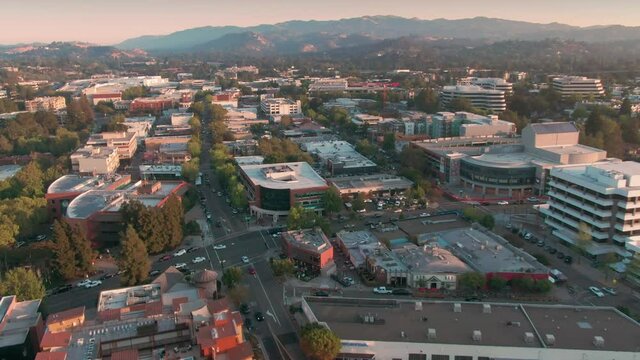 Aerial: flying over downtown Walnut Creek at sunset. California, USA