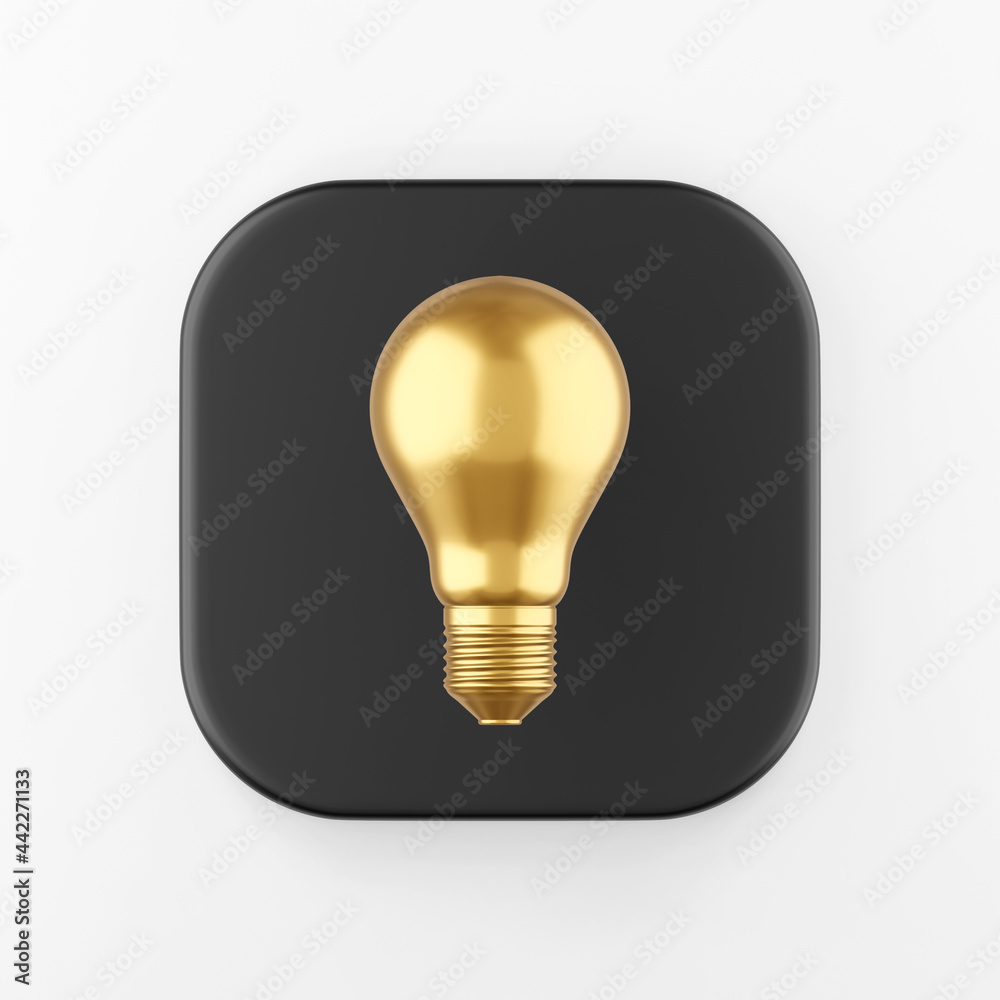 Poster golden realistic light bulb icon. 3d rendering black square key button, interface ui ux element.