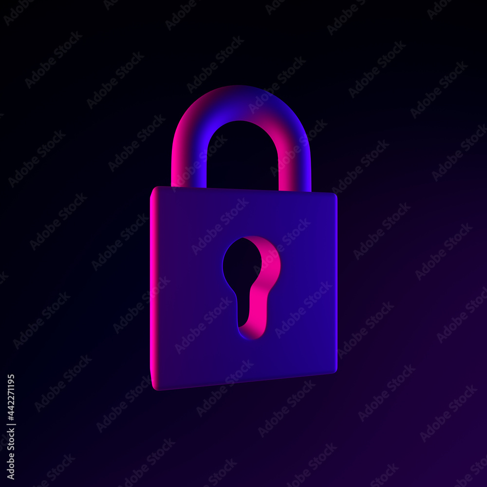 Poster closed padlock neon icon. 3d rendering ui ux interface element. dark glowing symbol.