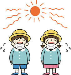 マスクをして汗ばむ幼稚園児のイラスト（熱中症の危険）