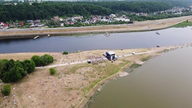 Jonines 2021 music festival in Kaunas city, aerial fly over drone view