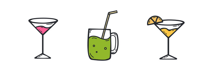 Set Hand drawn summer cocktail drink icon Design Template. vector sketch doodle illustration isolated on white background. Summer vacation and leisure symbol.