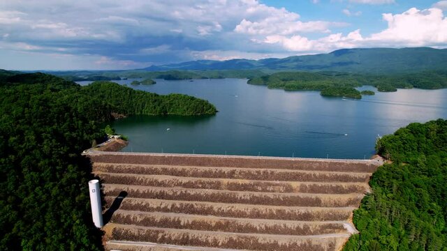Aerial TVA Dam and Reservoir, South Holston Lake near Bristol Virginia, Johnson City Tennessee, Kingsport Tennessee and Elizabethton Tennessee not far from Watauga Lake Tennessee