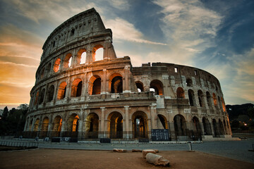 Colosseum in Rome in the night. travel directions and rest in Italy. Europe sightseeing landmarks and tourism