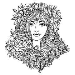 Fairy girl with mandala flowers for coloring book, print on product, laser engraving and so on. Vector illustration