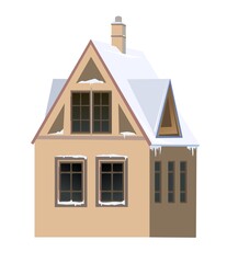 Country house. Winter season. Chimney. The roof is covered with snow. Gable roof outbuilding. Nice and cozy suburban private home. Flat cartoon style. Vector art