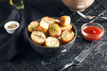Bowl with baked potatoes on dark background