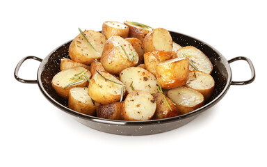 Frying pan with cooked potatoes on white background