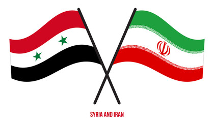 Syria and Iran Flags Crossed And Waving Flat Style. Official Proportion. Correct Colors.