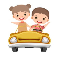 Kids drives a car. Yellow childrens automobile. Toy vehicle. With a motor. Nice passenger auto. Pedal or electric. Isolated on white background. Vector