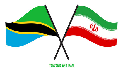 Tanzania and Iran Flags Crossed And Waving Flat Style. Official Proportion. Correct Colors.