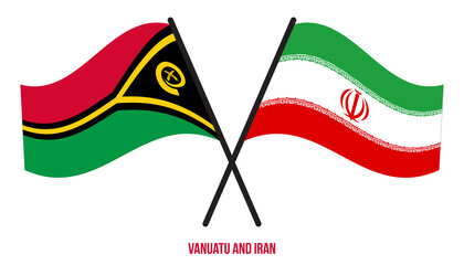 Vanuatu and Iran Flags Crossed And Waving Flat Style. Official Proportion. Correct Colors.