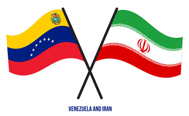 Venezuela and Iran Flags Crossed And Waving Flat Style. Official Proportion. Correct Colors.