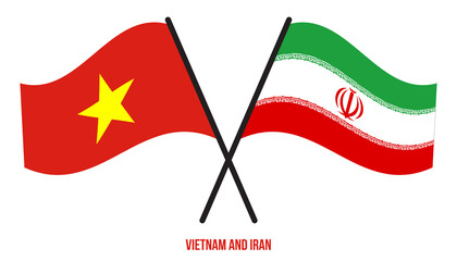 Vietnam and Iran Flags Crossed And Waving Flat Style. Official Proportion. Correct Colors.