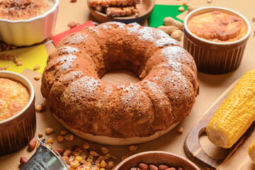 Traditional food for Festa Junina (June Festival) on color background