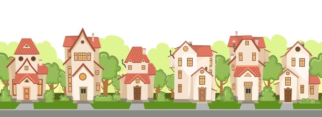 Obraz na płótnie Canvas Street. Cartoon houses with trees. Village or town. Seamlessly. A beautiful, cozy country house in a traditional European style. Nice funny home. Rural building. Isolated Vector