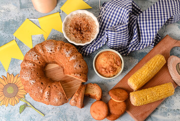 Traditional food for Festa Junina (June Festival) on color background