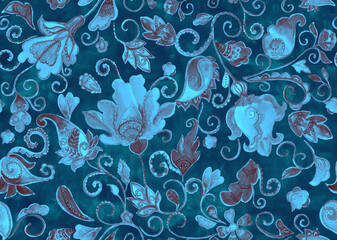 Paisley watercolor floral pattern tile:  flowers, flores, tulips, leaves. Oriental indian traditional hand painted water color whimsical seamless print, ceramic design. Abstract india batik background