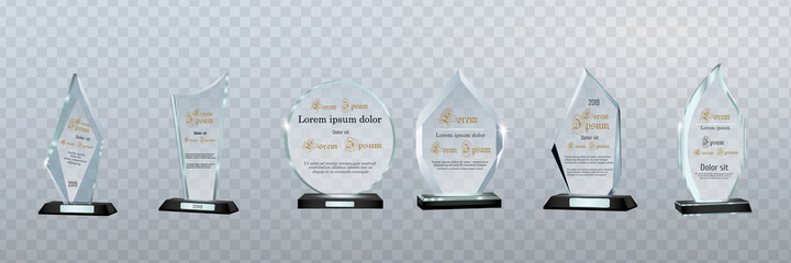 Glass Trophy Awards template. Vector prize isolated on transparent background.