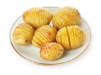 Plate with baked potato on white background