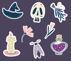 Magic stickers for Halloween. Set of stickers, patches in cartoon style.  Witch hat, skull, flowers, potion, moth, candle, bunch of herbs. Spiritual witchcraft, mystic esoteric elements. Vector