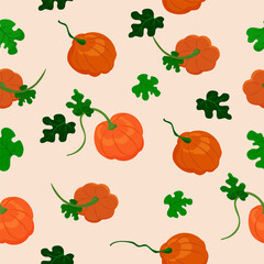 Pumpkins and green leaves seamless pattern