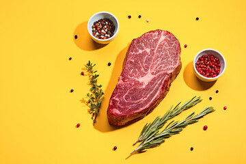 Fresh marbled beef rib eye steak and spices on yellow background, trendy shadows