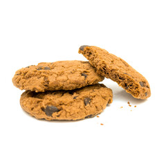 Chocolate chip cookies and crumbs isolated on white background.