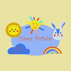 Obraz na płótnie Canvas cute birthday card with a rainbow, a cloud, a lion, a squirrel, a sun, a cloud