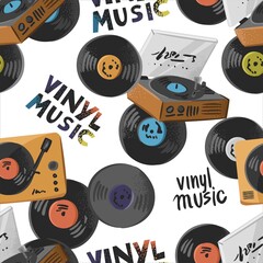 Seamless color pattern with vinyl records, turntables, lettering isolated on white. Background with musical vintage items for wallpaper, wrapping paper, printing on fabric. cartoon vector illustration