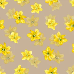 Foto auf Acrylglas Watercolor floral seamless pattern with yellow flowers on brown background. Hand-drawn. Illustration for digital paper, wrapping paper, textiles, wallpaper. © Irina