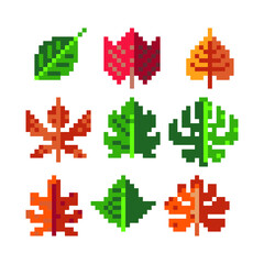 Different types leaves of tree pixel art 8-bit style icons set, isolated vector illustration. Game assets. Element design for stickers, embroidery, mobile app.
