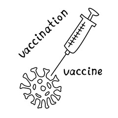 The vaccination symbol. A medical syringe injects the vaccine into a molecule of the virus, the coronavirus. Vector outline drawing in the style of doodles