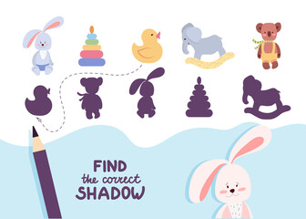 Find the correct shadow. Cute nursery toys. Educational game for kids. Collection of children's games. Vector illustration in cartoon style