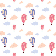 Seamless pattern with flying hot air balloon and colorful clouds, on a white background. Vector endless texture for travel design.