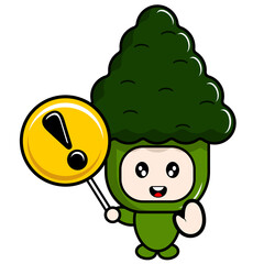 vector cartoon mascot character mascot vegetable broccoli costume holding a warning sign