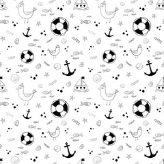 Black and white linear seamless pattern. Seagulls, waves, ship, seashells, and other elements. The illustration is drawn in a doodle style. Design for fabric, clothing and other items.