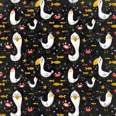 Seamless pattern. Funny birds, fish, crab and more on a dark background. Design for clothes, fabric and other items.