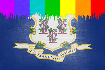 Paint (rainbow flag) is dripping over the state flag of Connecticut