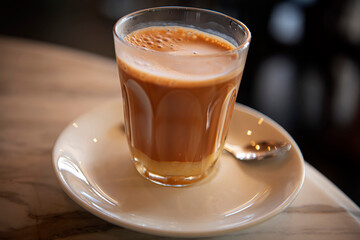 Hot Thai tea in a glass placed on the table
