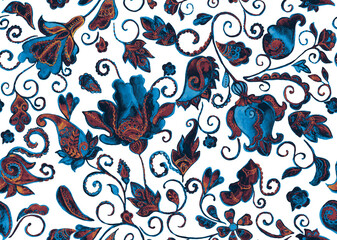 Fototapeta premium Paisley watercolor floral pattern tile: flowers, flores, tulips, leaves. Oriental indian traditional hand painted water color whimsical seamless print, ceramic design. Abstract india batik background