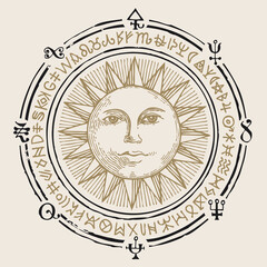 Vector illustration with the hand-drawn Sun and esoteric symbols on an old beige background. Retro style banner, mascot or amulet in the form of a circle with magic signs and runes