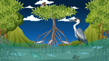 Animals live in mangrove forest at night scene