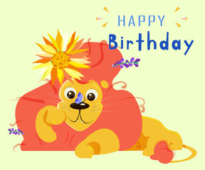 Stylish happy birthday cards with funny lion.
Vector greeting card with cute animals