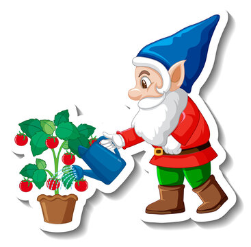 A sticker template with garden gnome or dwarf watering plant