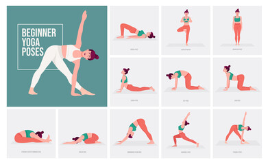 Beginner Yoga poses. Young woman practicing Yoga pose. Woman workout fitness, aerobic and exercises. Vector Illustration.