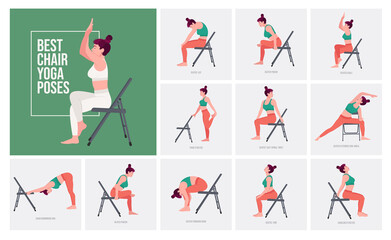 Chair Yoga poses . Young woman practicing Yoga pose. Woman workout fitness, aerobic and exercises. Vector Illustration.