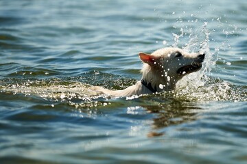 White Swiss Shepherd Dog swims in the sea